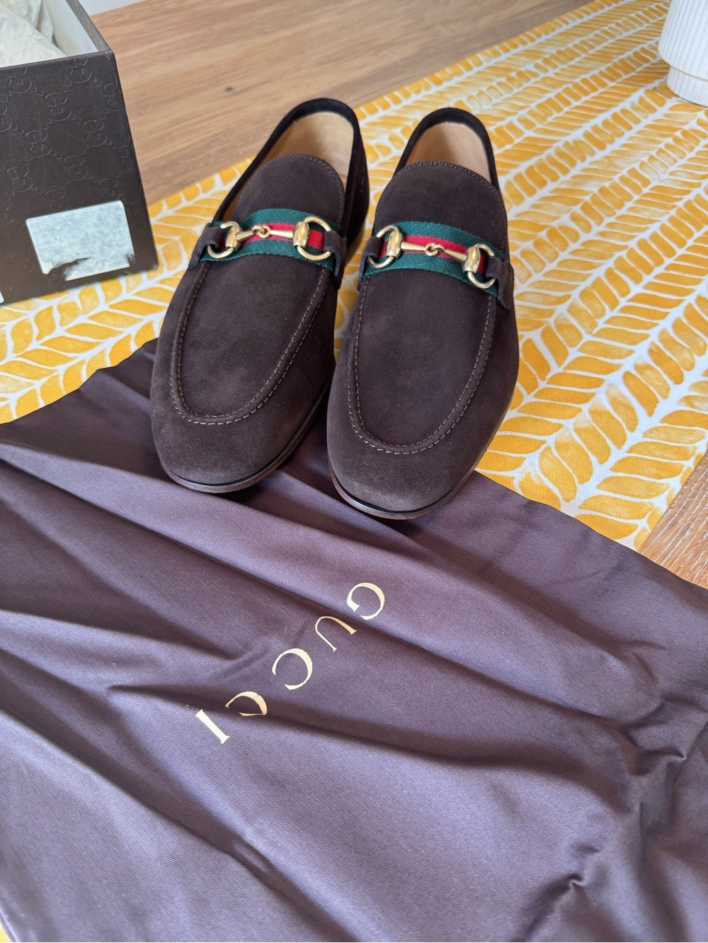Gucci Brown Suede Horsebit Loafers with Green-Red Web